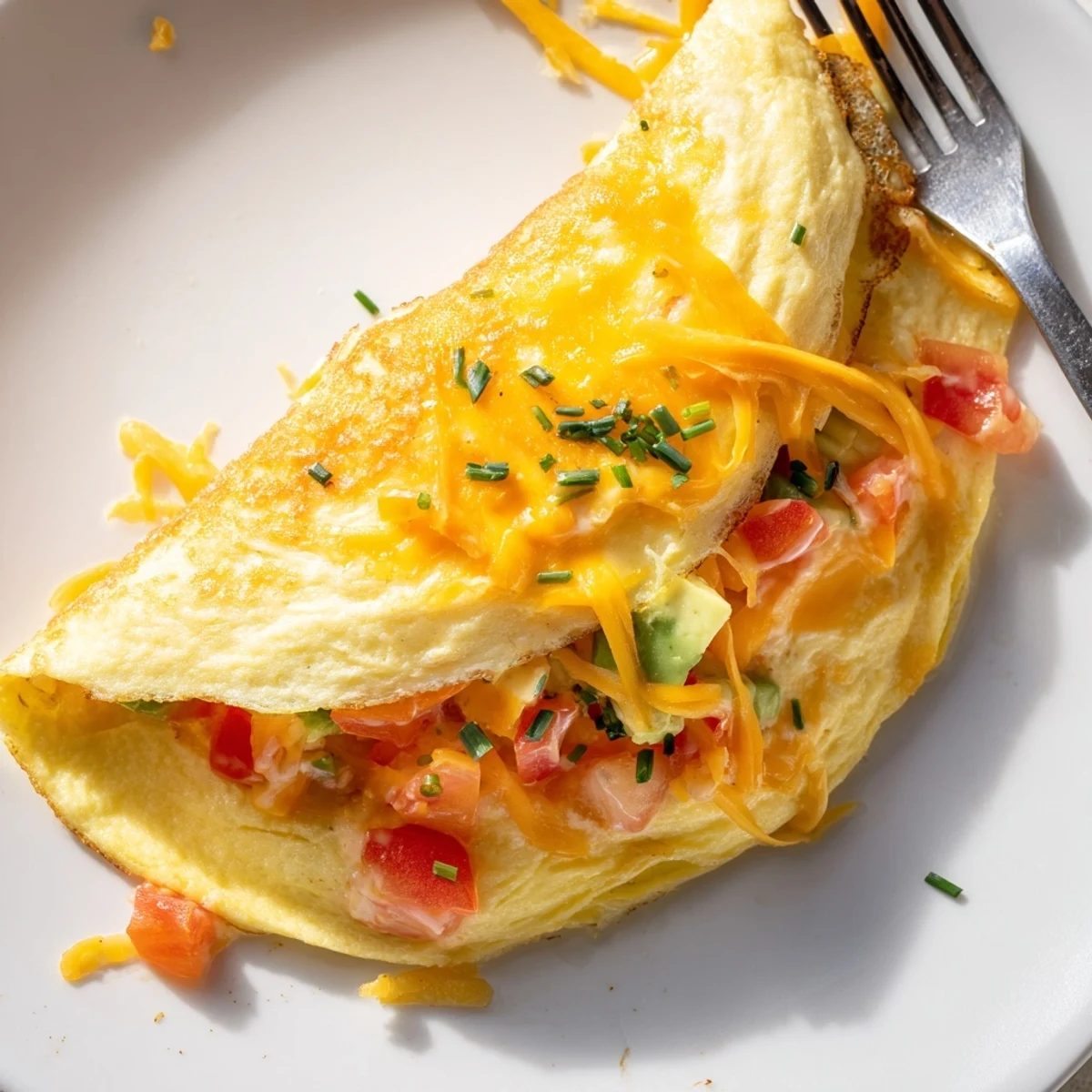 Creamy avocado cheesy tomato omelette served on a white plate with melted cheese oozing out