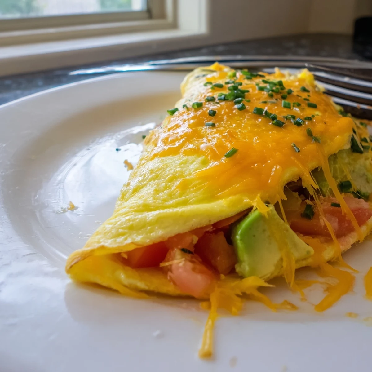Steam rising from a creamy avocado cheesy tomato omelette filled with ripe avocado and gooey cheddar