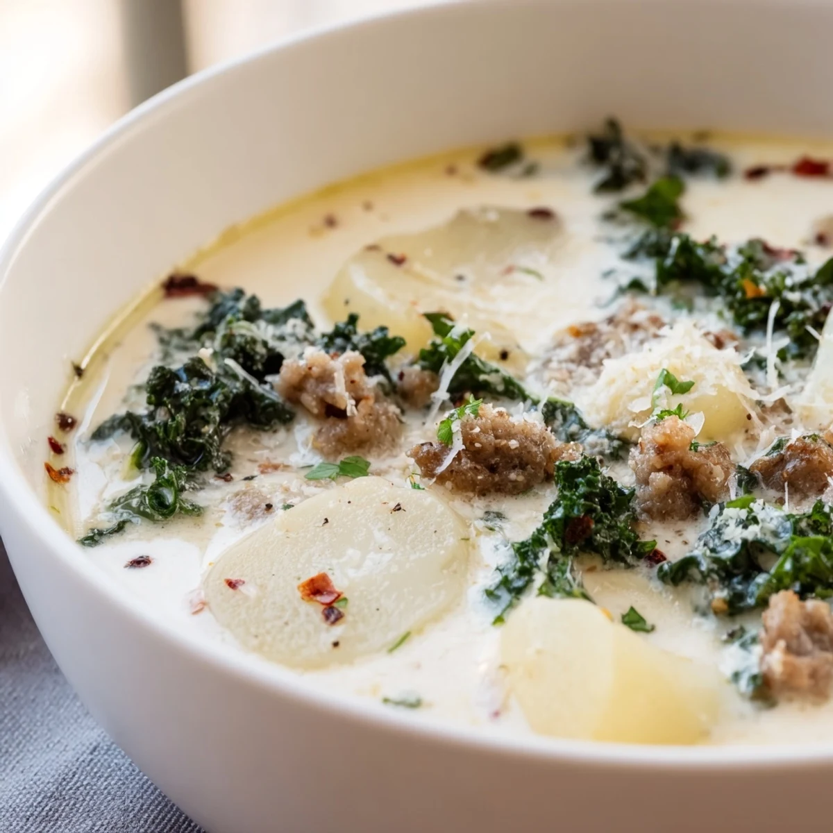 Creamy Zuppa Toscana soup with sausage, potatoes, and kale in rustic bowls