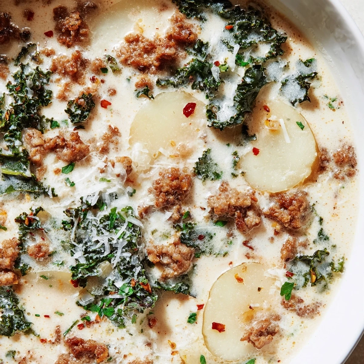 Steaming bowl of Zuppa Toscana soup topped with grated Parmesan and parsley