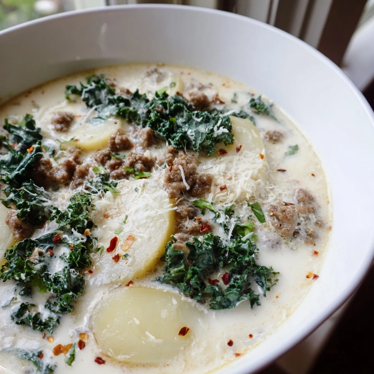 Hearty Zuppa Toscana soup featuring crumbled sausage, tender potatoes, and vibrant kale
