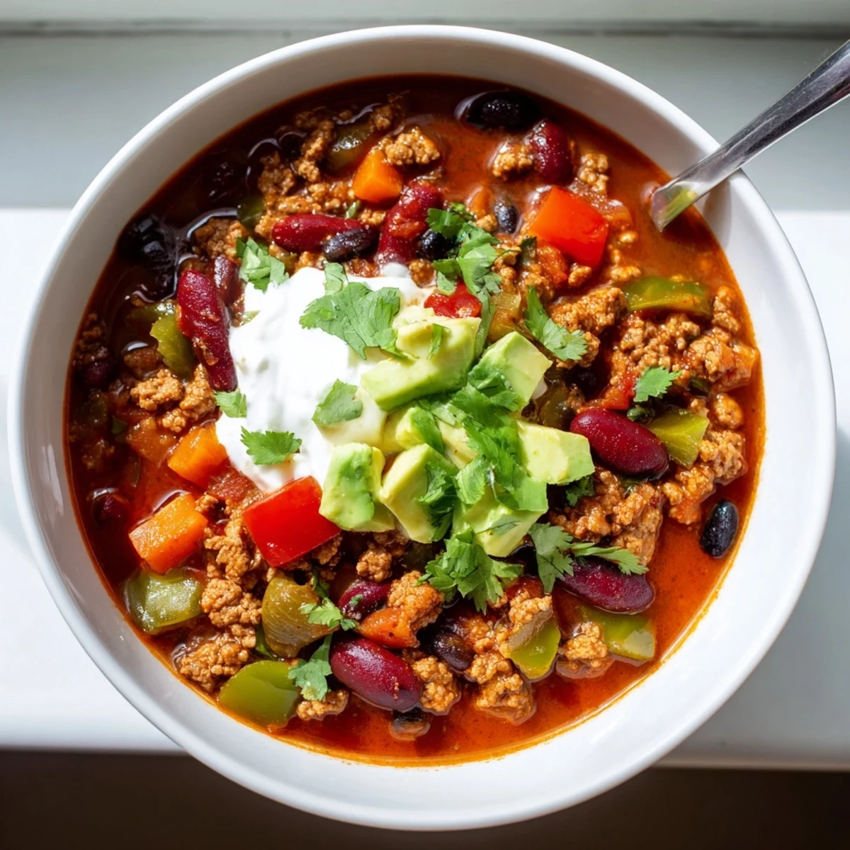 Hearty diabetic chili with tender beans and colorful bell peppers simmering