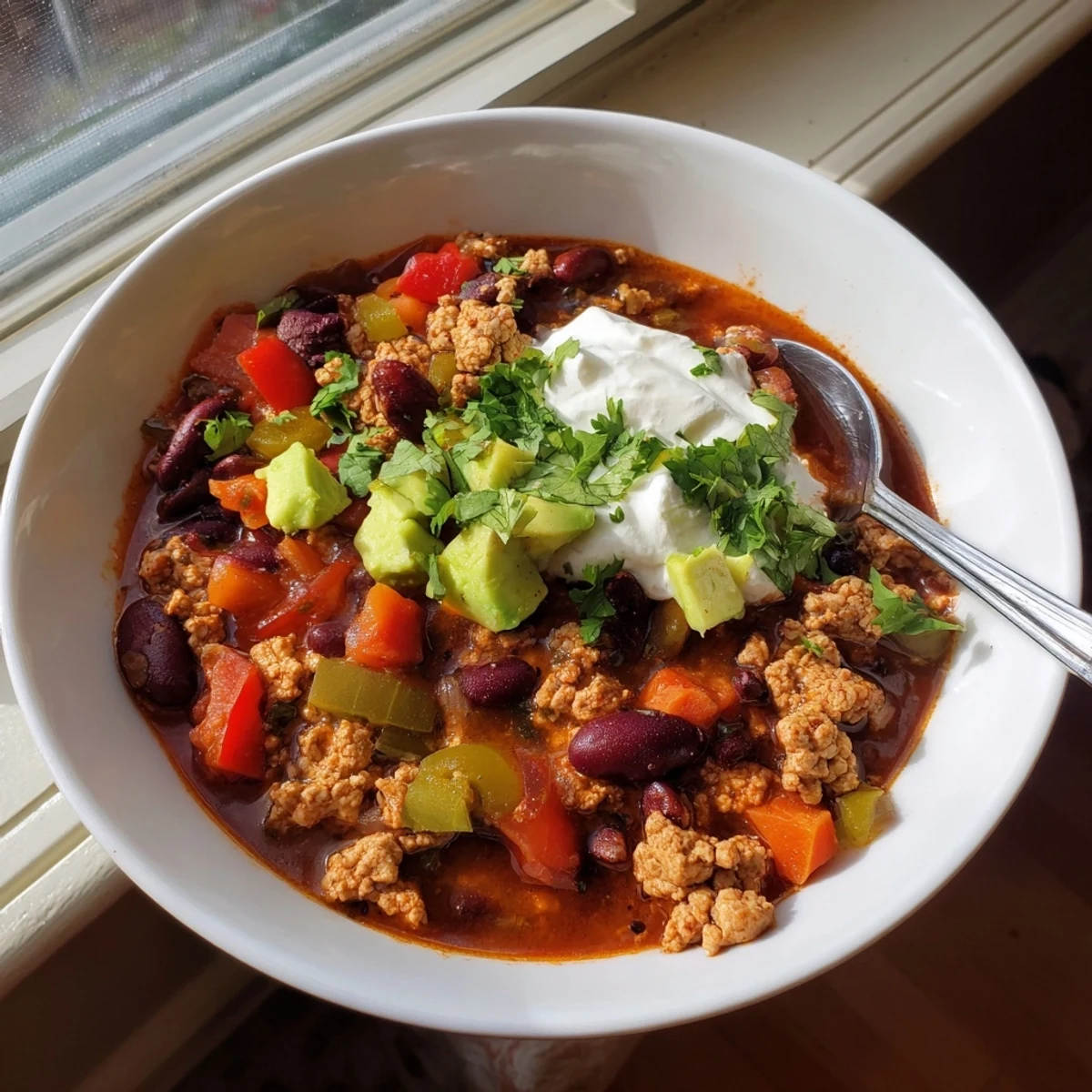 Steaming bowl of diabetic chili topped with fresh avocado and cilantro