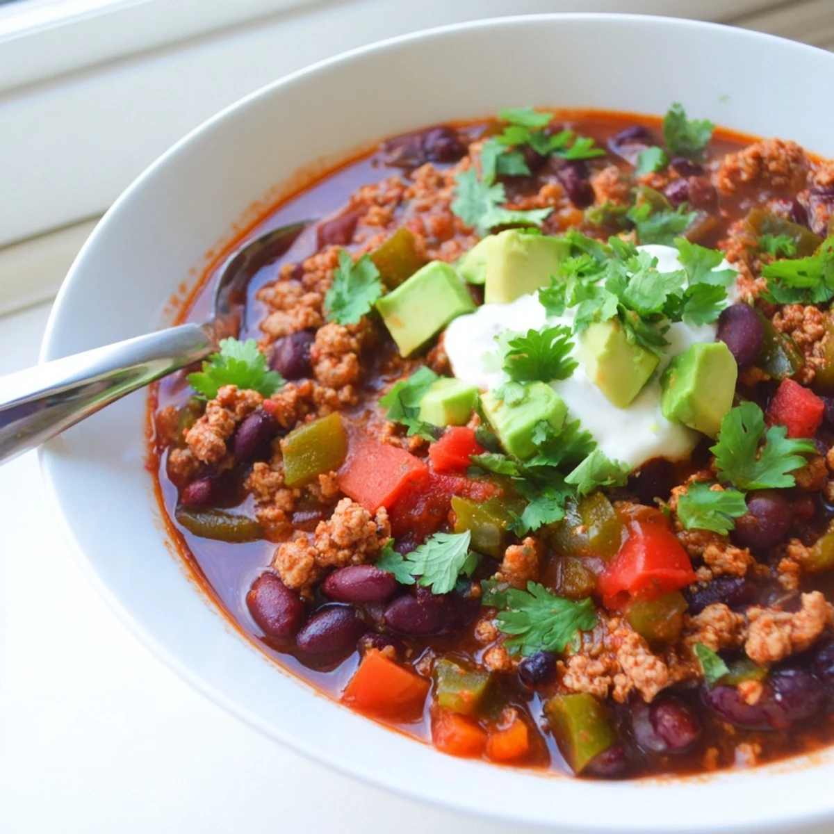 Thick diabetic chili served in a rustic bowl with Greek yogurt