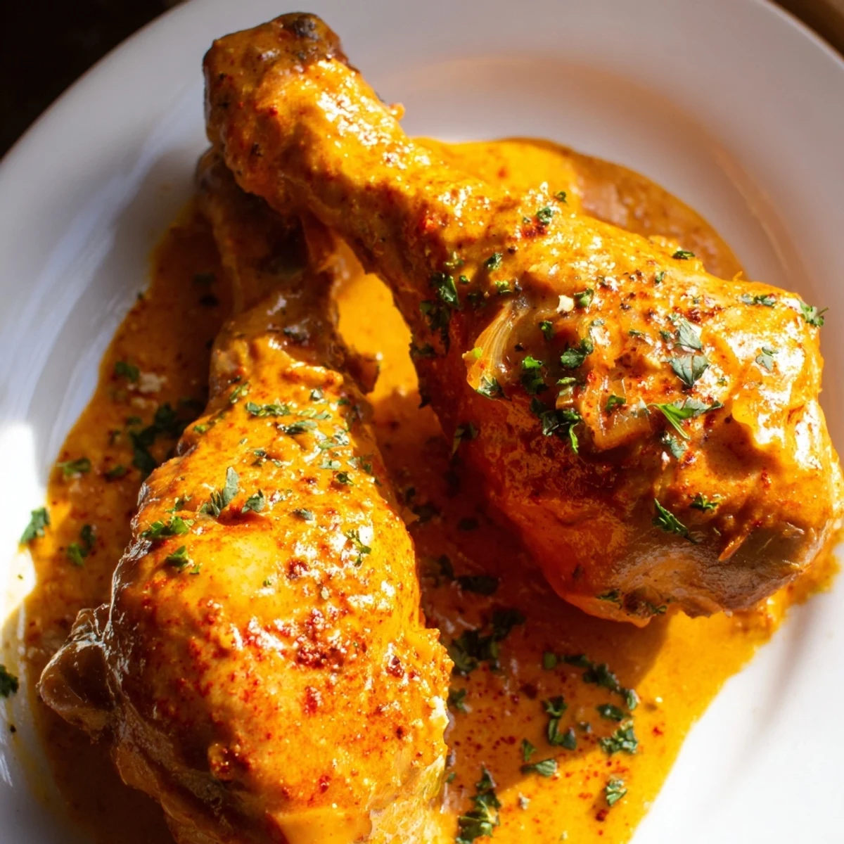 Golden creamy paprika chicken drumsticks glistening in a rich, rust-colored skillet sauce.