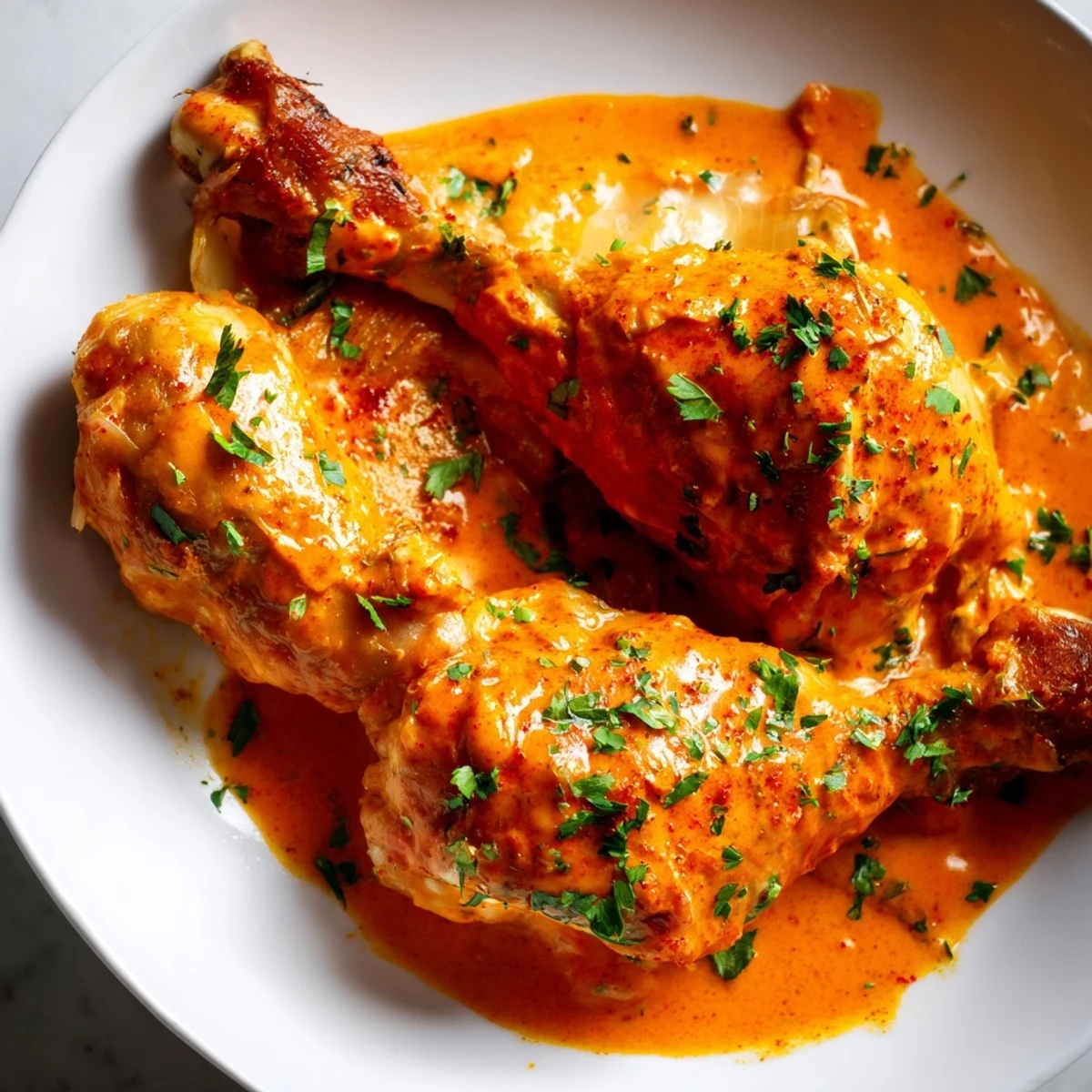 Juicy creamy paprika chicken drumsticks coated in a velvety sauce with fresh parsley garnish.