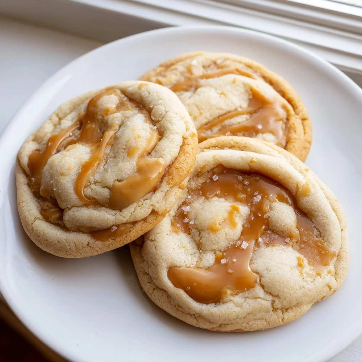 Soft caramel cheesecake cookies on a rustic baking sheet cooling on rack.