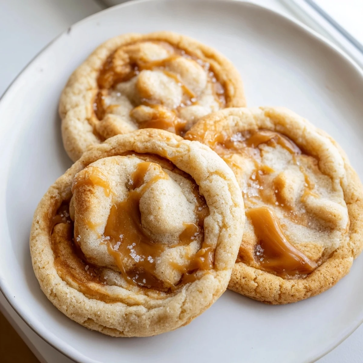 Golden caramel cheesecake cookies with gooey swirls fresh from the oven.