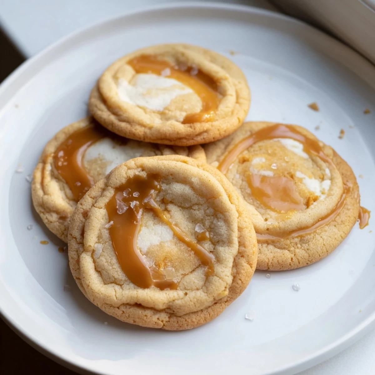 Creamy caramel cheesecake cookies drizzled with rich golden sauce on white plate.