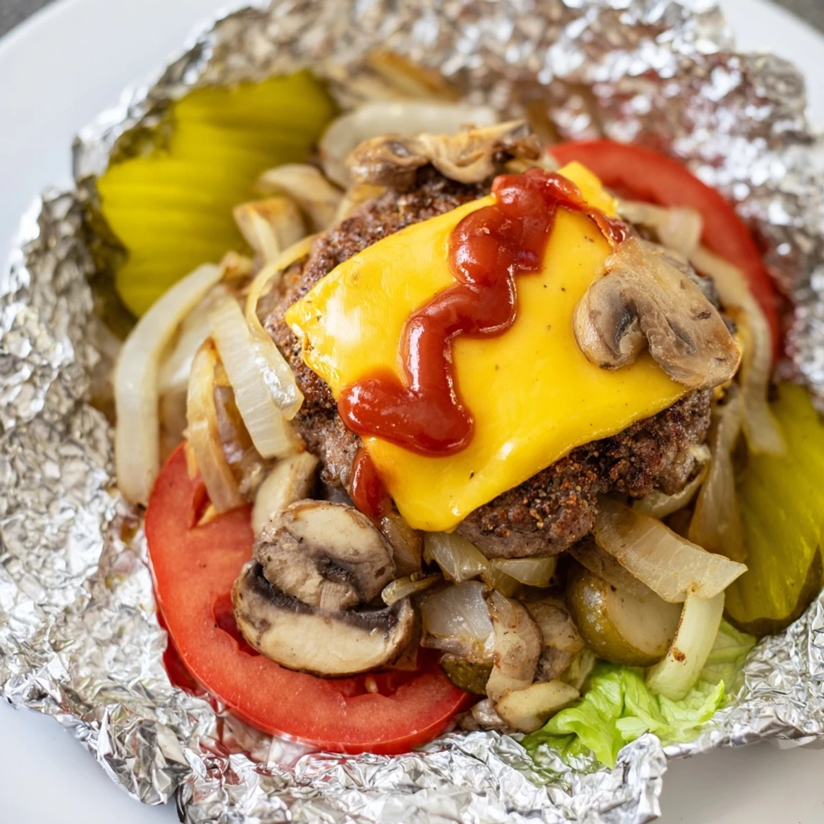Golden campfire cheeseburger hobo packets with melted cheddar dripping over juicy beef patties and roasted vegetables inside charred foil wrappers.
