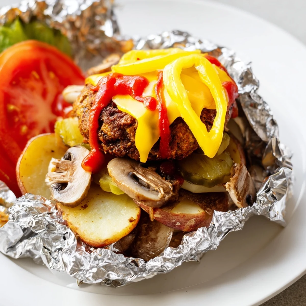 Steaming campfire cheeseburger hobo packets opened to reveal tender potatoes, caramelized onions, and a perfectly seasoned ground beef patty with gooey cheese.