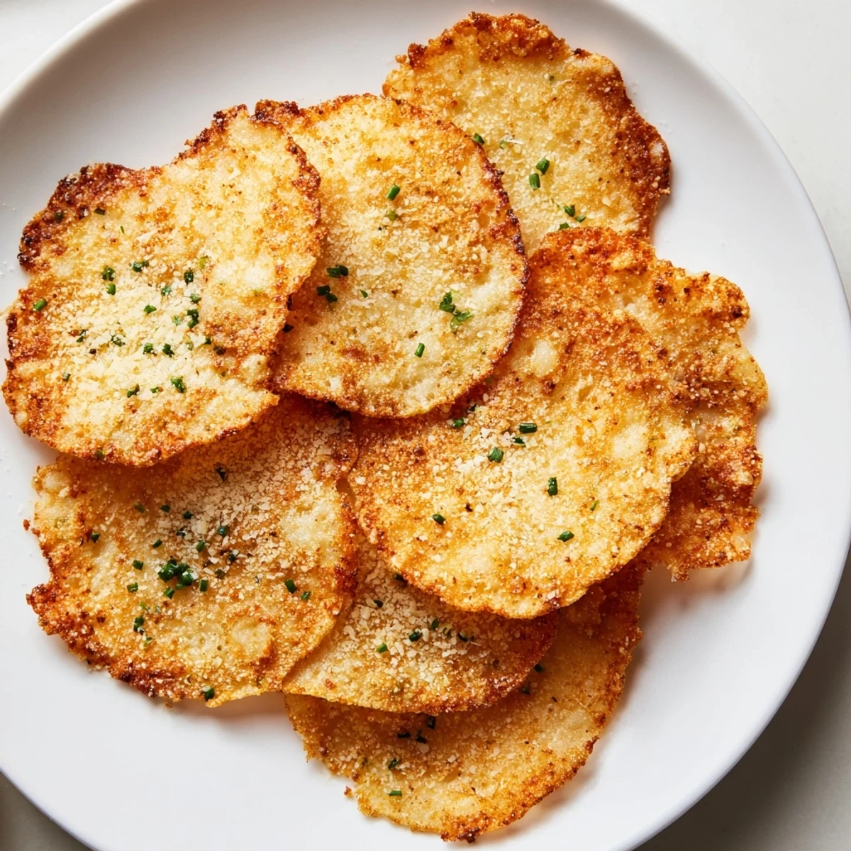 Crunchy baked cottage cheese chips arranged on parchment with herb seasoning