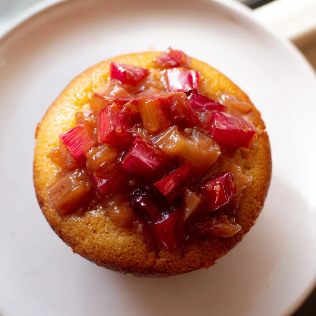 Golden upside down rhubarb muffins with caramelized pink fruit on a wire cooling rack.