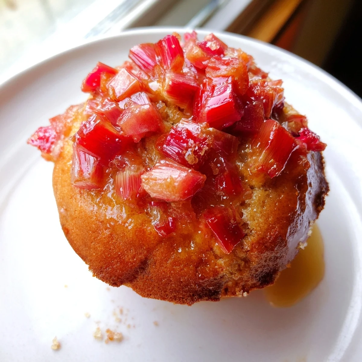 Moist upside down rhubarb muffins inverted to reveal glossy, sweet-tart rhubarb topping each bite.