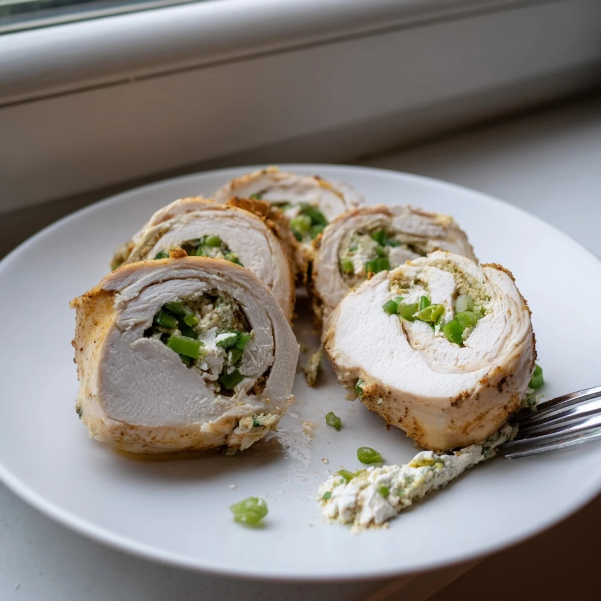 Golden baked goat cheese chicken with melted herb filling on a white plate