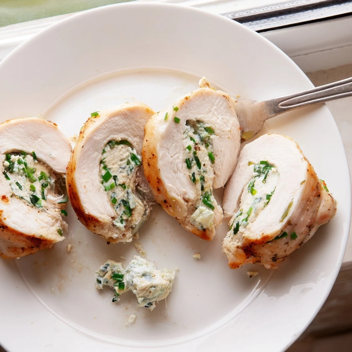 Tender goat cheese chicken sliced open revealing creamy lemon herb stuffing inside
