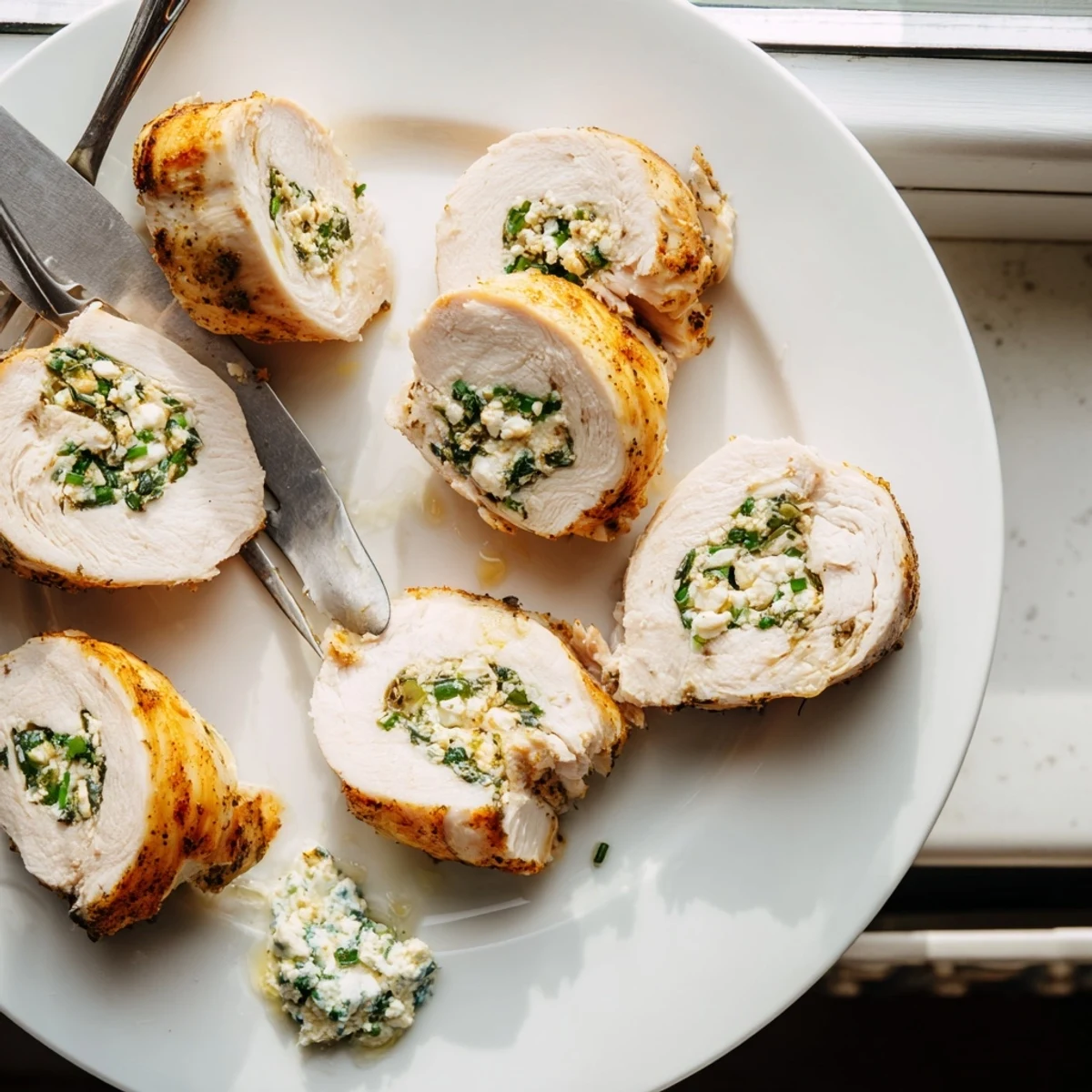 Juicy golden goat cheese chicken breasts garnished with fresh chives and lemon wedges