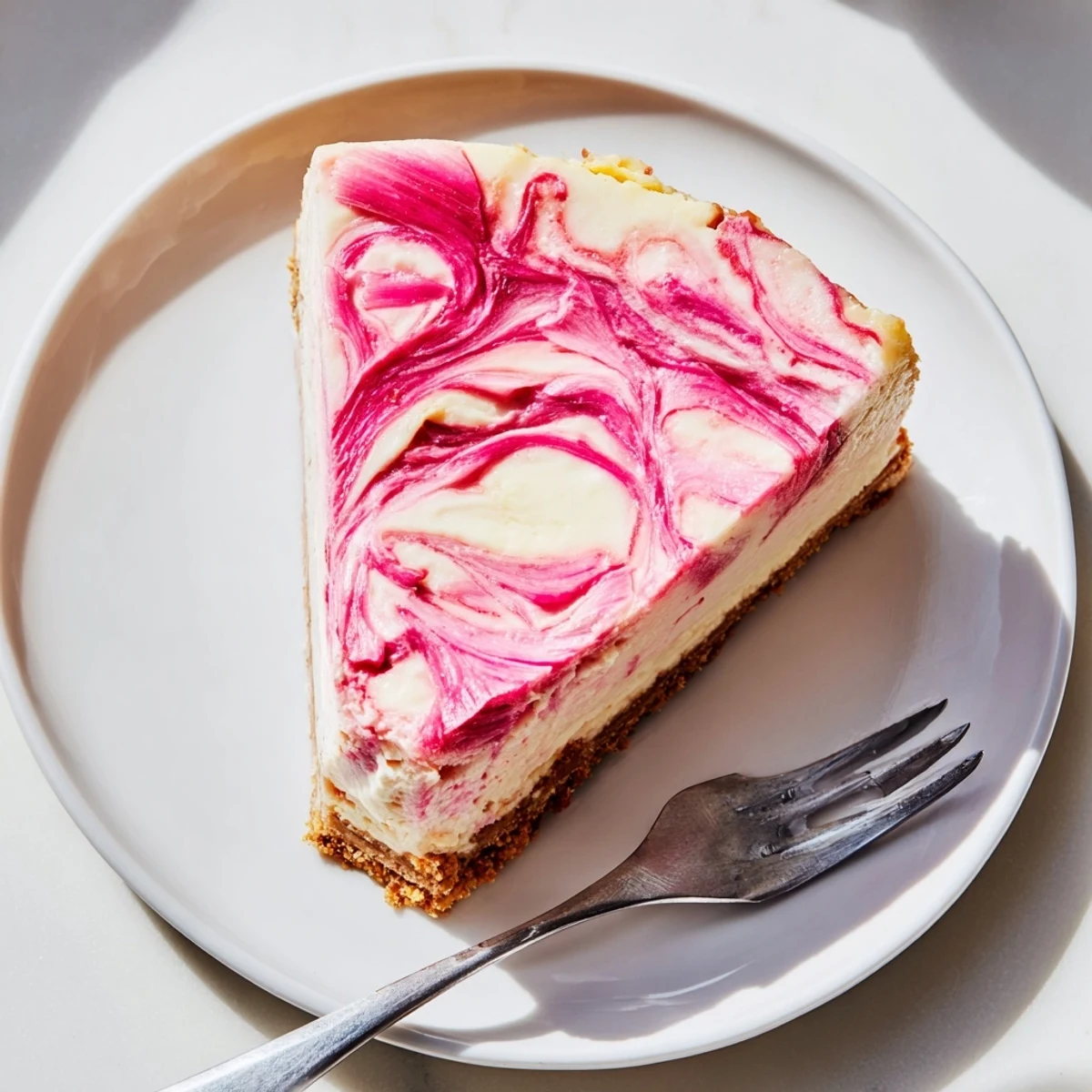 Creamy keto rhubarb cheesecake sliced and topped with vibrant pink compote swirls