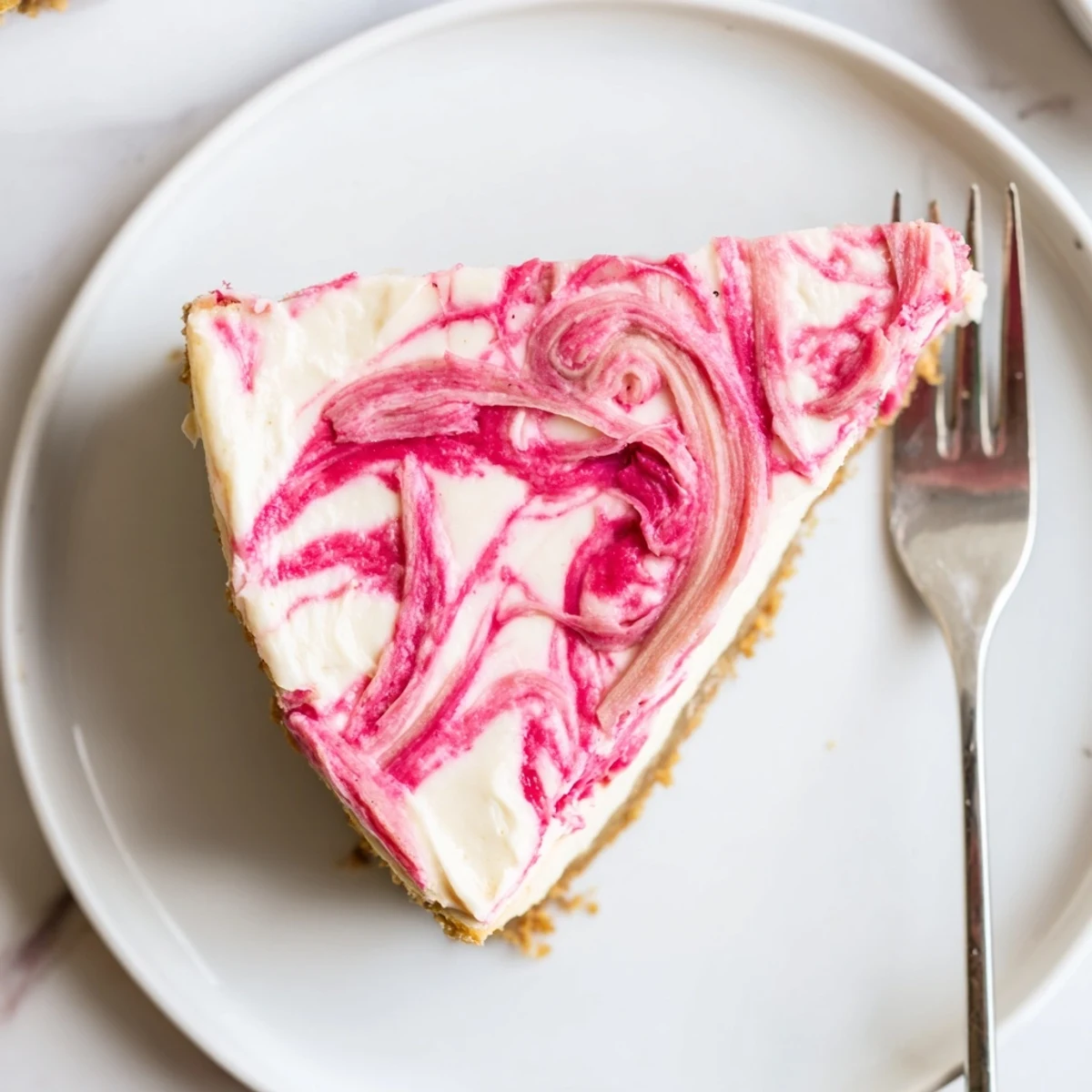 Golden almond flour crust cradles a smooth keto rhubarb cheesecake with tangy ribbons