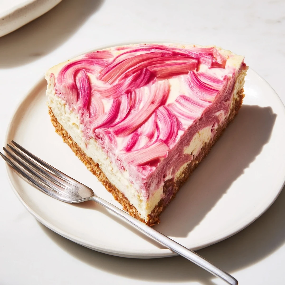 Chilled keto rhubarb cheesecake on a plate showcasing a silky filling and glistening fruit swirl