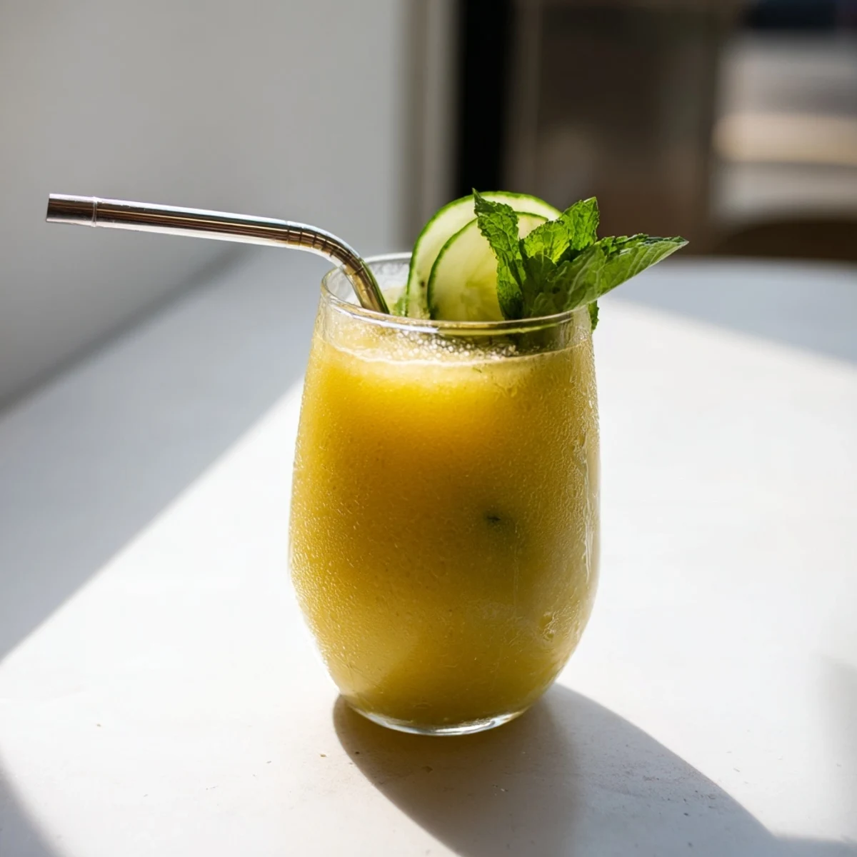 Tall glass of mango cucumber smoothie garnished with a fresh mint sprig