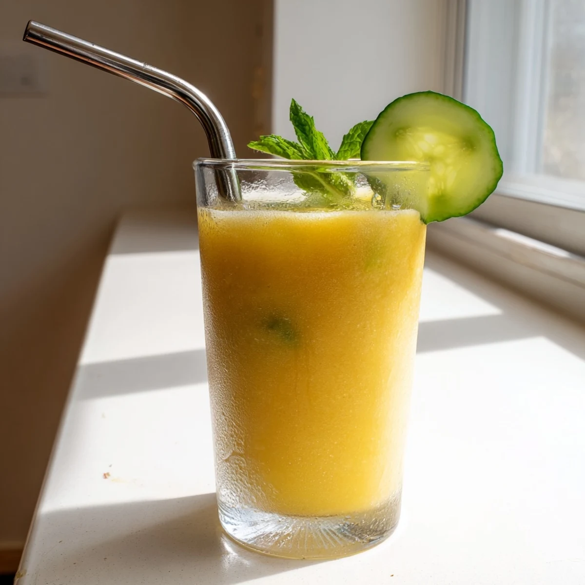 Bright tropical mango cucumber smoothie blended smooth and served in two glasses