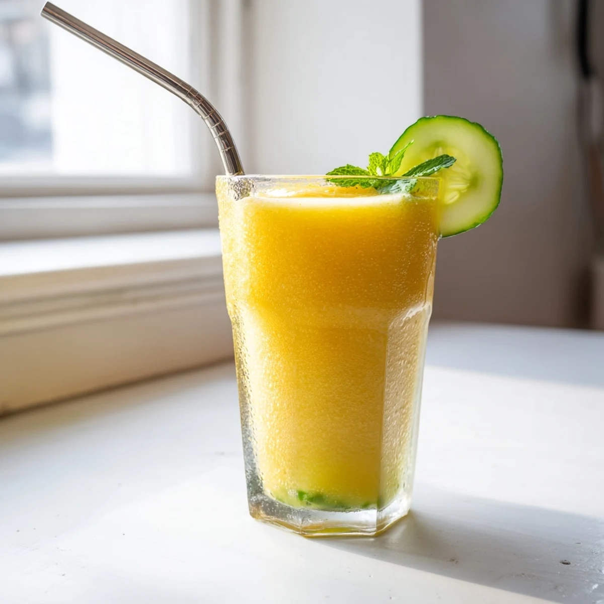 Creamy golden mango cucumber smoothie poured over ice in a mason jar
