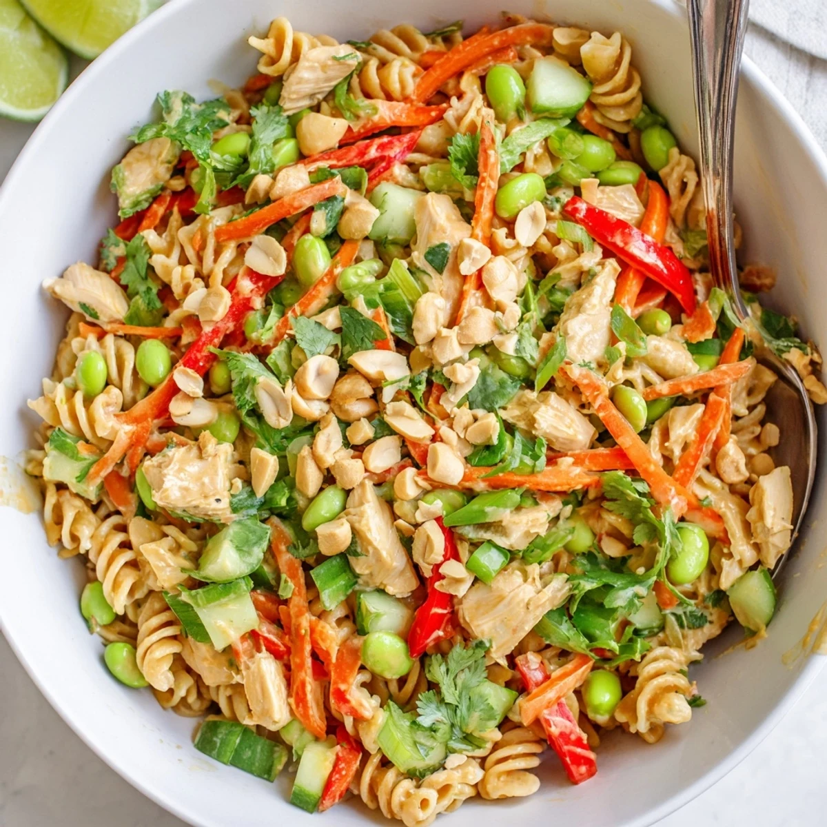 Protein Packed Thai Pasta Salad topped with crushed peanuts and fresh lime wedges