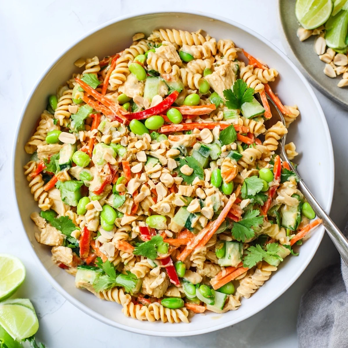 Vibrant Protein Packed Thai Pasta Salad featuring crisp vegetables and tender sliced chicken