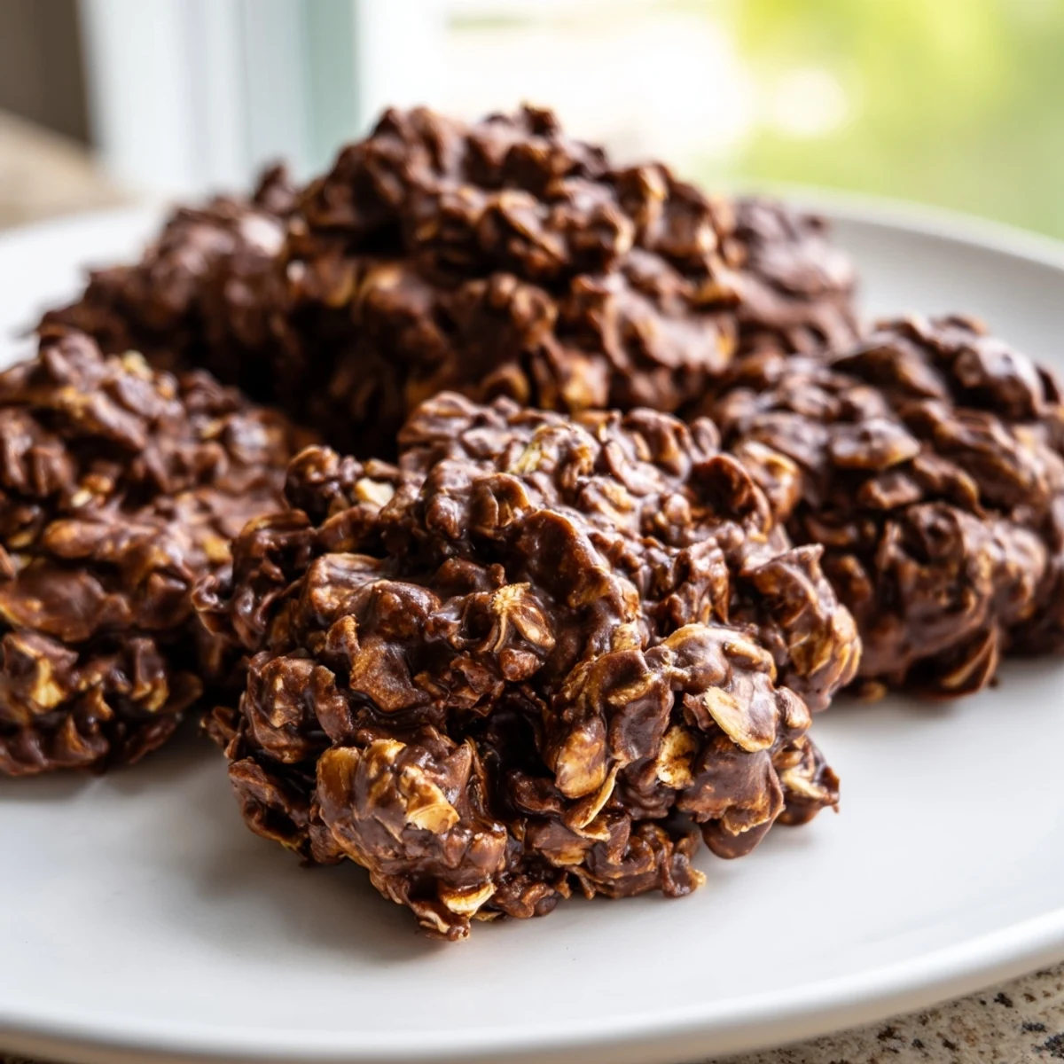 Glossy chocolate oatmeal no bake cookies piled on parchment paper, rich and chewy