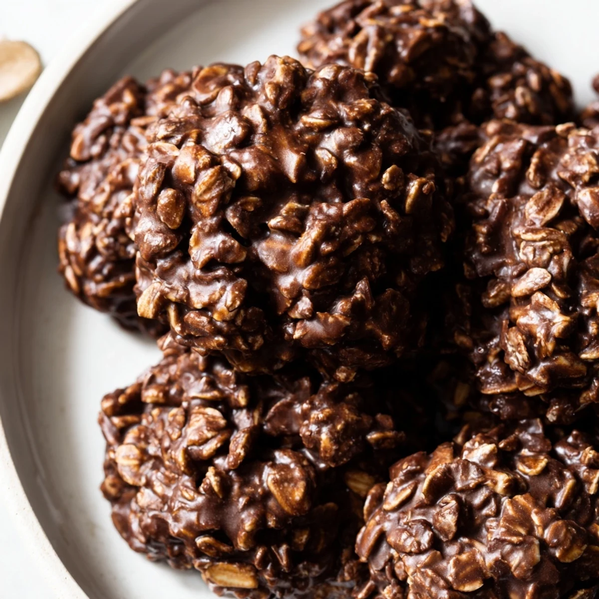 Fudgy chocolate oatmeal no bake cookies studded with oats on a rustic plate