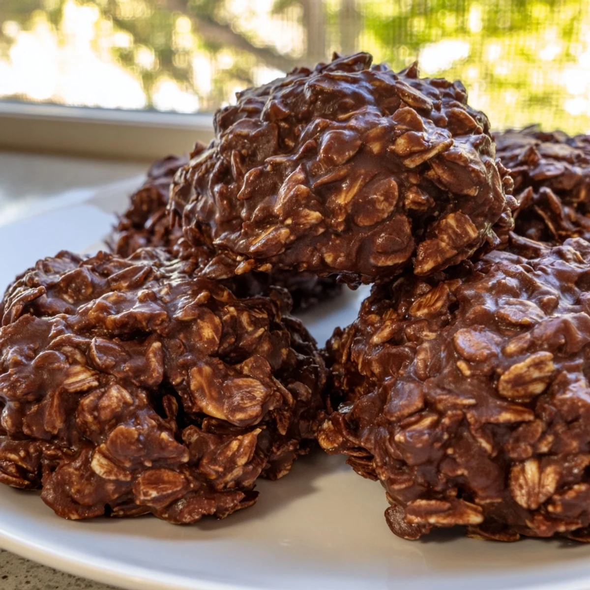 Thick chocolate oatmeal no bake cookies cooling on a sheet, dusted with cocoa
