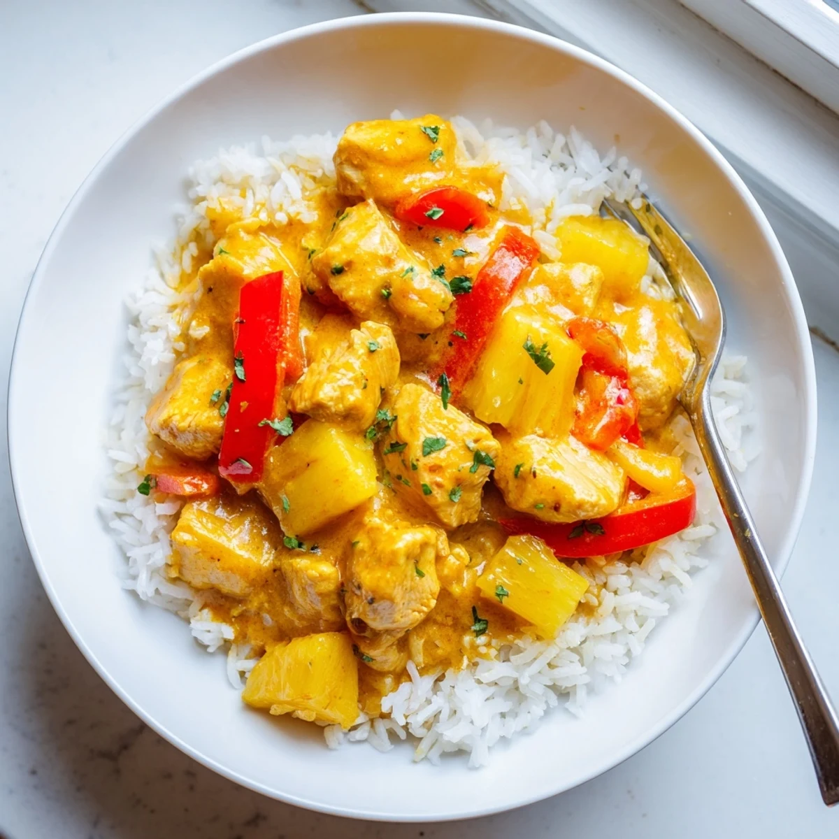 Golden chicken and pineapple in creamy coconut sauce served over fluffy jasmine rice