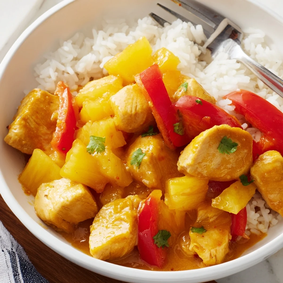 Tropical Dinner Delight with colorful bell peppers pineapple and rich coconut lime sauce