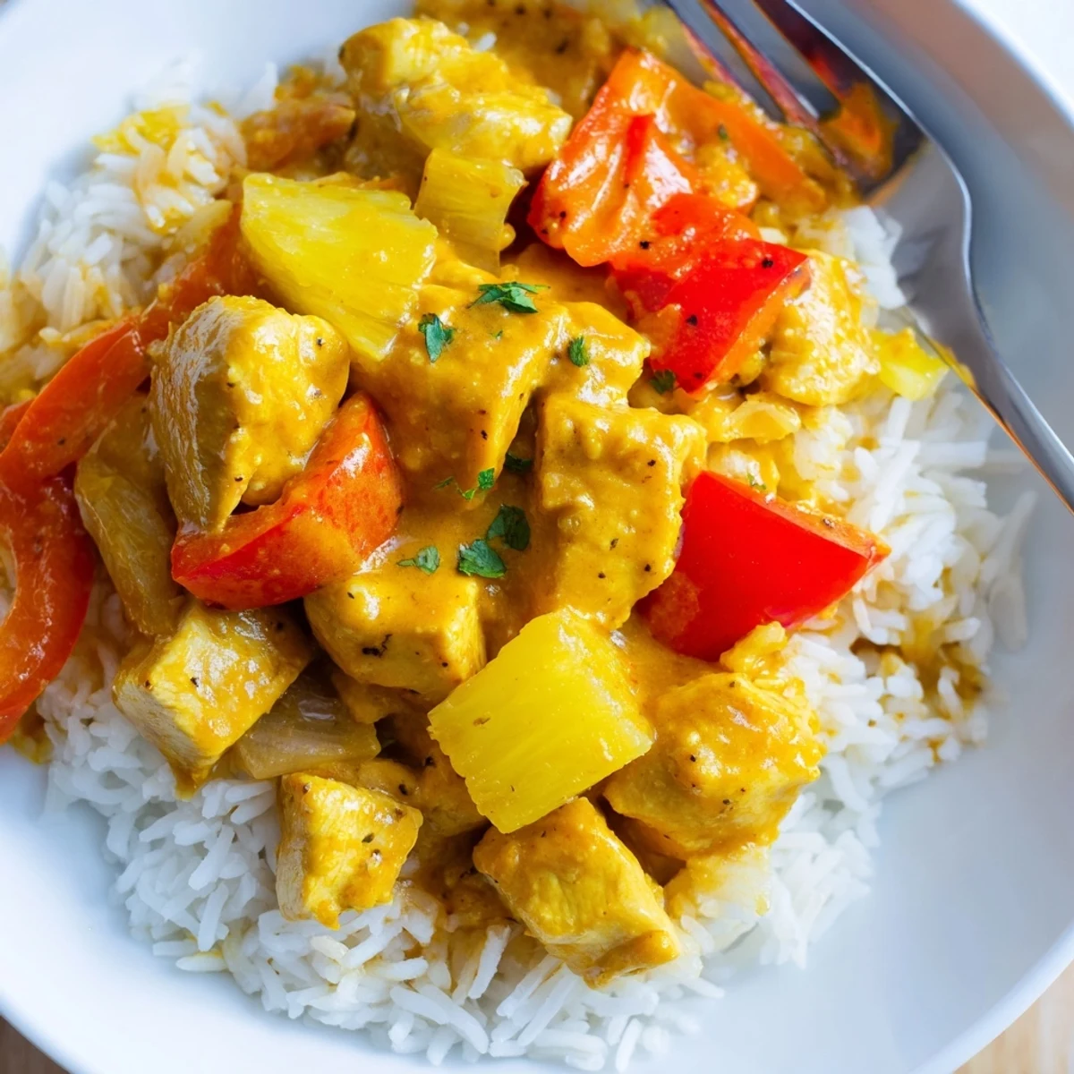 Juicy chicken chunks tossed with fresh pineapple and peppers in a vibrant coconut sauce