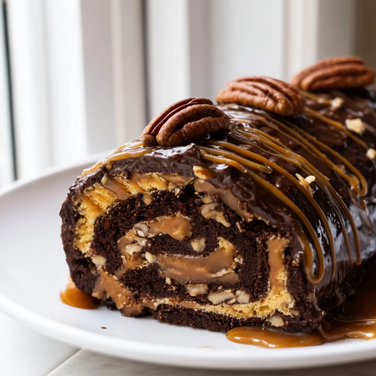Decadent turtle cake roll filled with creamy caramel and toasted pecans