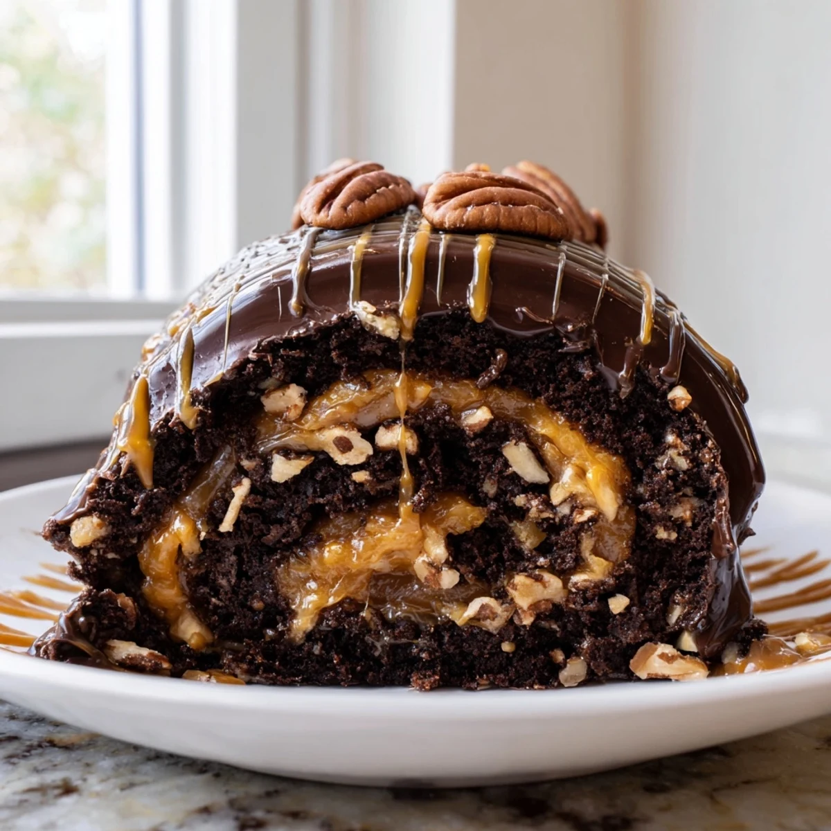 Gooey Chocolate Caramel Turtle Cake Roll sliced and drizzled with rich ganache