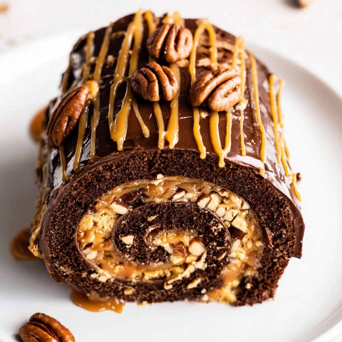 Moist chocolate sponge rolled with sticky caramel and crunchy pecans on platter