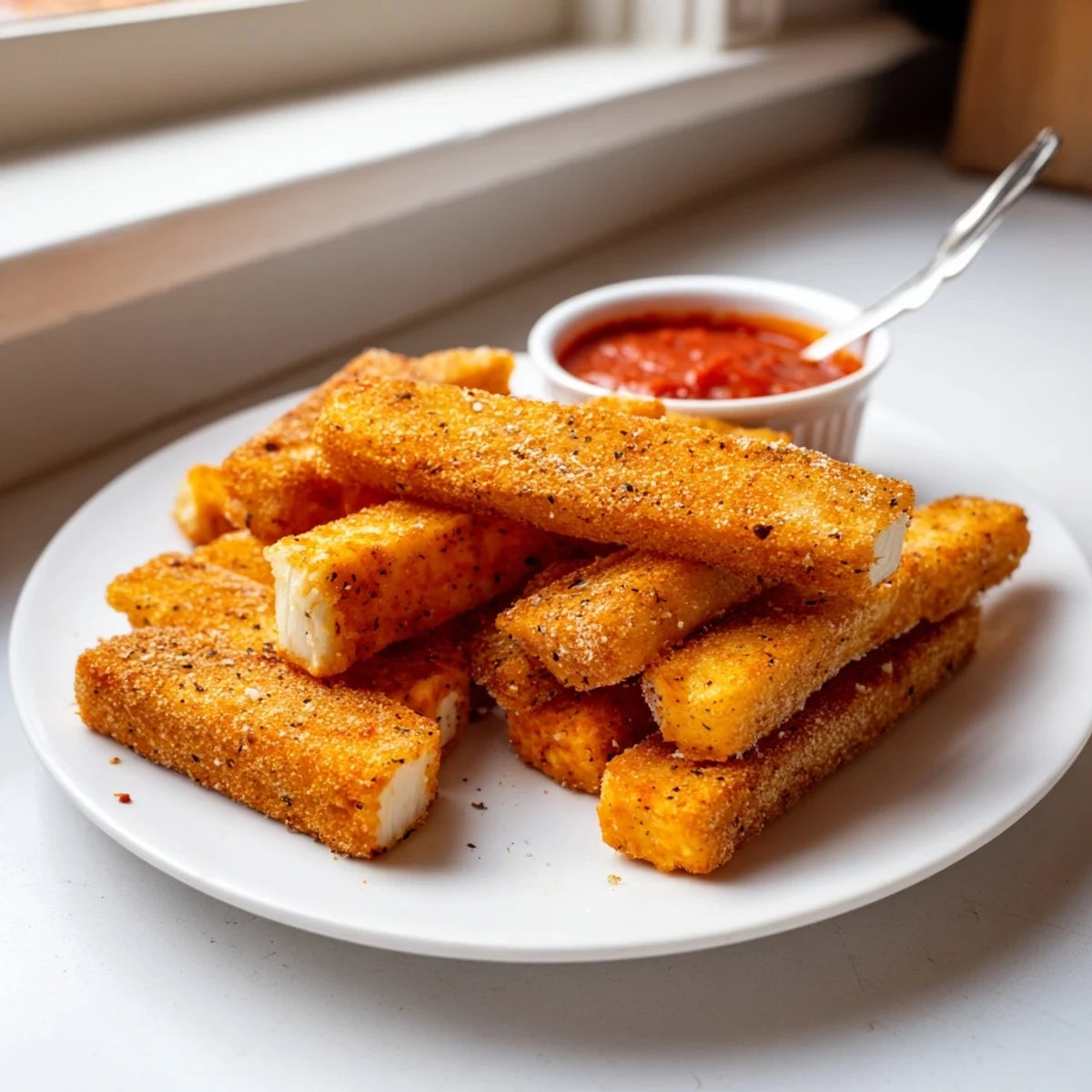 Golden baked cottage cheese fries served hot with a creamy ranch dipping sauce