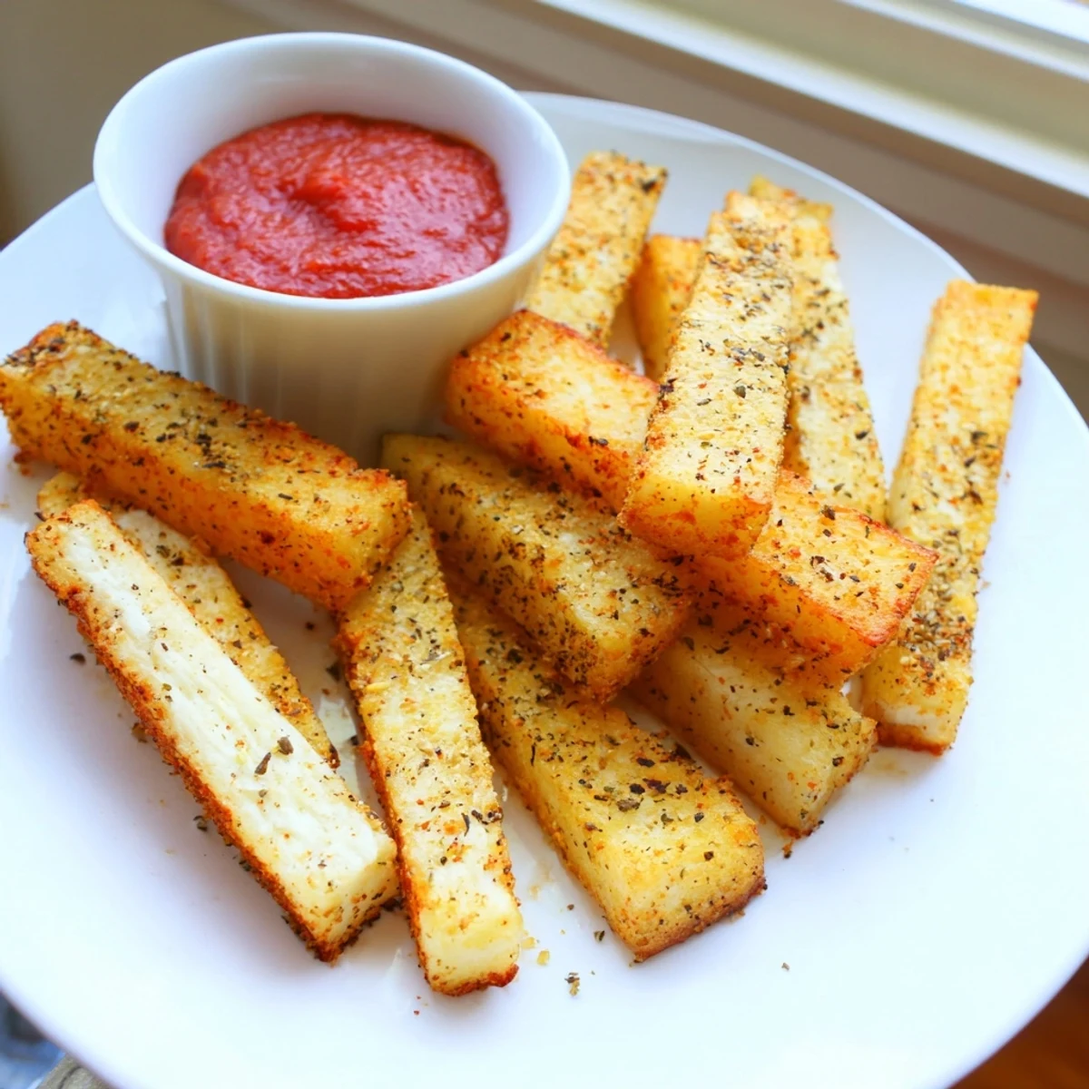 Crispy baked cottage cheese fries arranged on parchment alongside marinara and herb dip