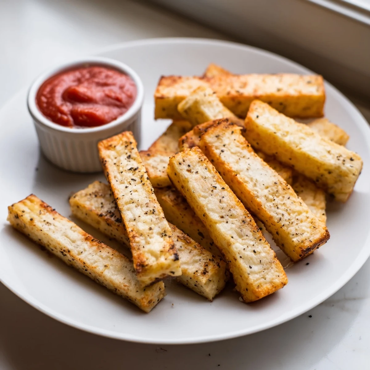 Baked cottage cheese fries with smoked paprika crust fresh from the oven rack