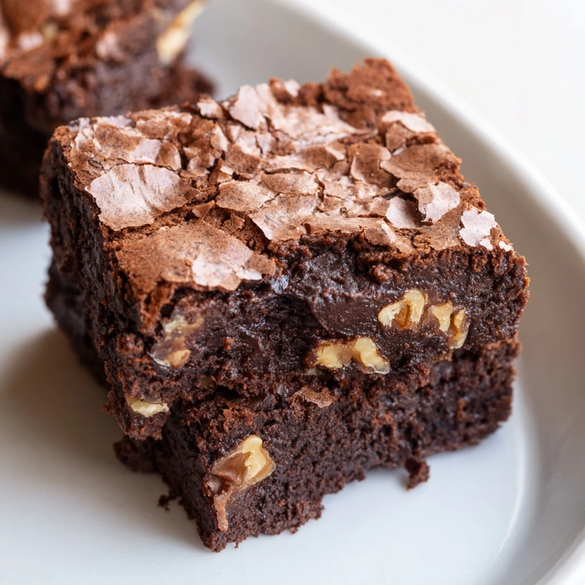 Rich fudgy ultimate brownies with a shiny crackly top, cut into squares