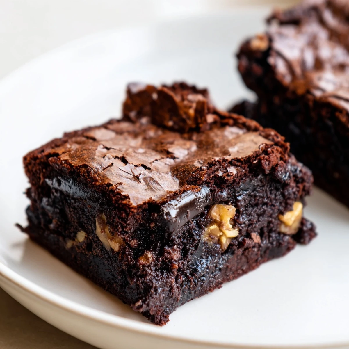 Dense ultimate brownies studded with walnuts, dusted with cocoa on a rustic plate