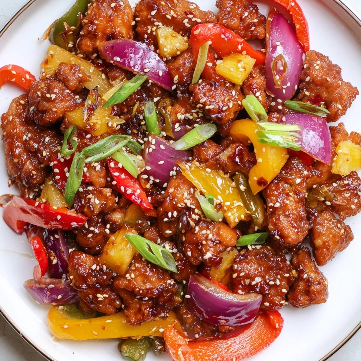Hawaiian chicken thighs coated in sticky sweet tangy sauce over steamed jasmine rice
