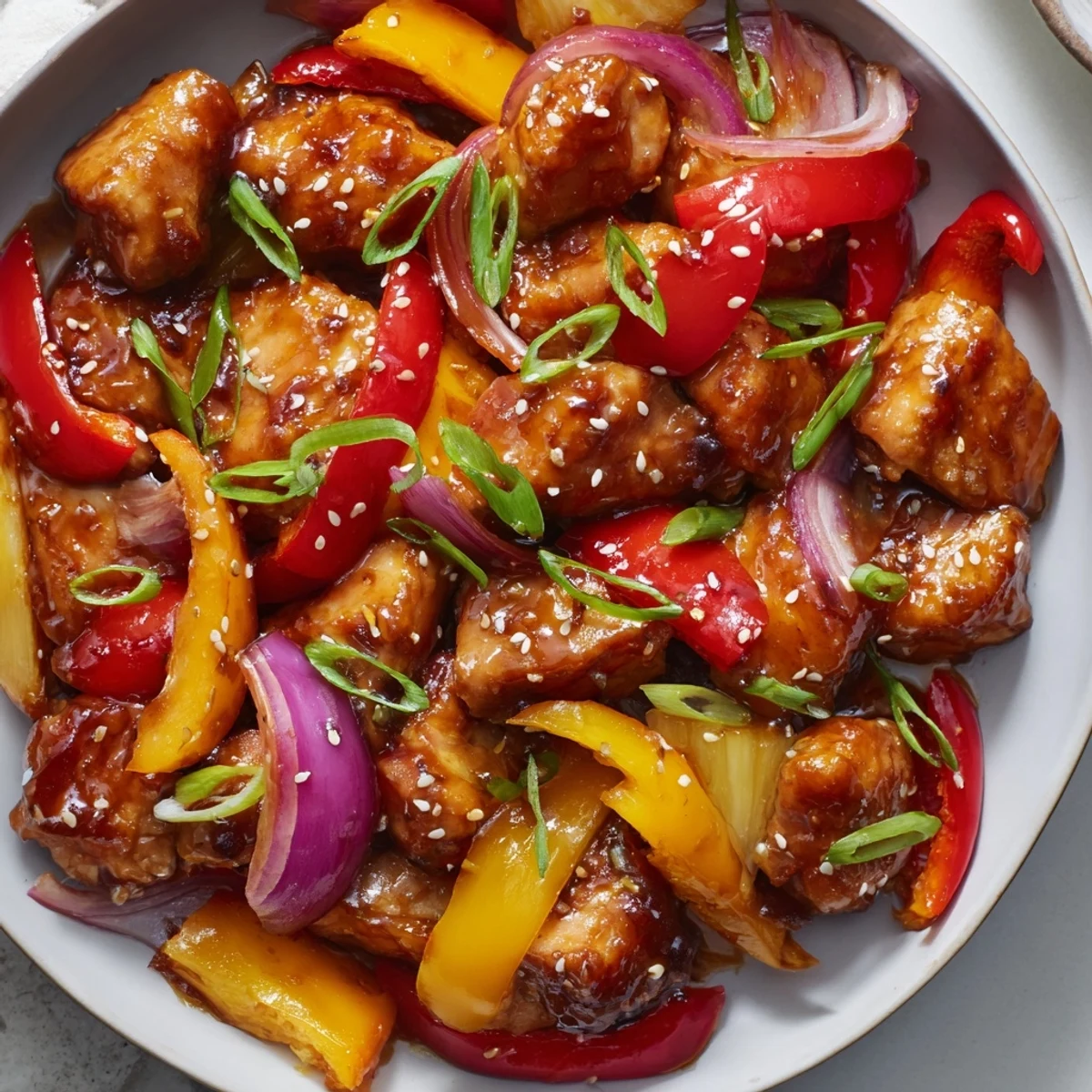 Glossy Hawaiian chicken with caramelized pineapple and colorful bell peppers in a skillet