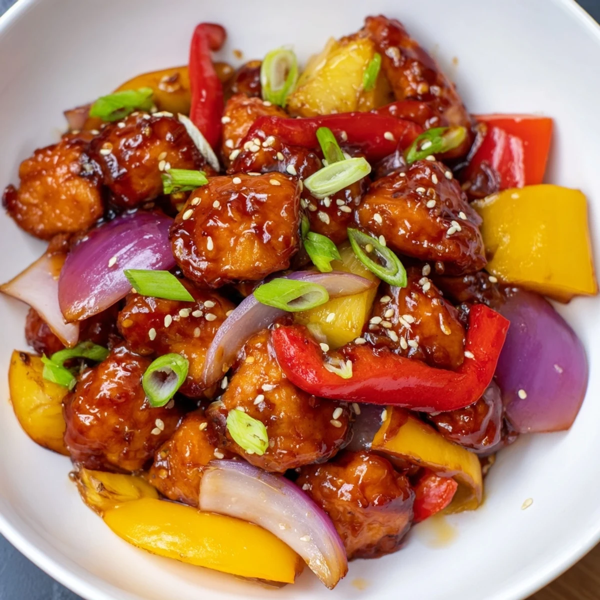 Juicy Hawaiian chicken surrounded by sautéed onions vibrant peppers and fresh pineapple chunks