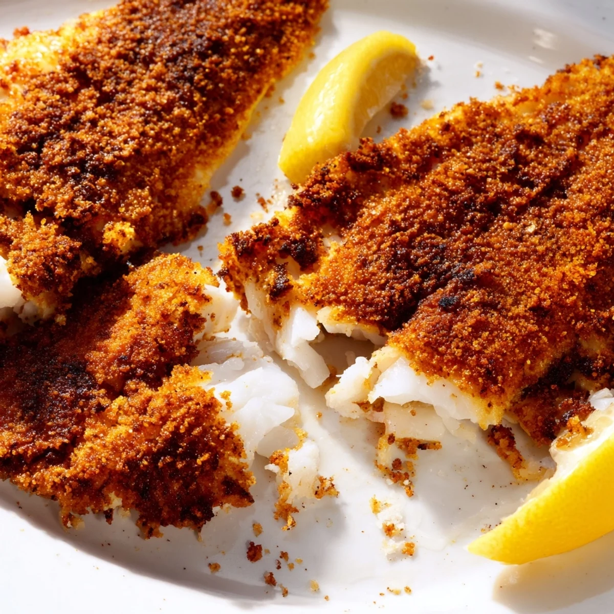 Golden pan fried tilapia fillets with crispy seasoning served on a white plate