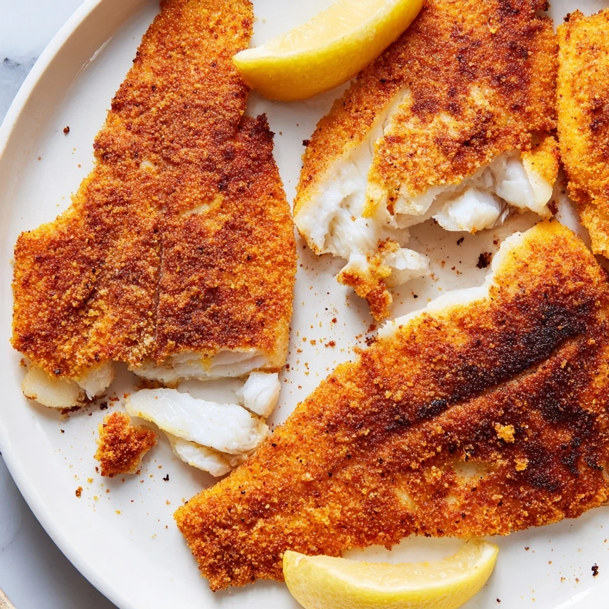 Pan fried tilapia with a crunchy cornmeal crust and fresh lemon wedges