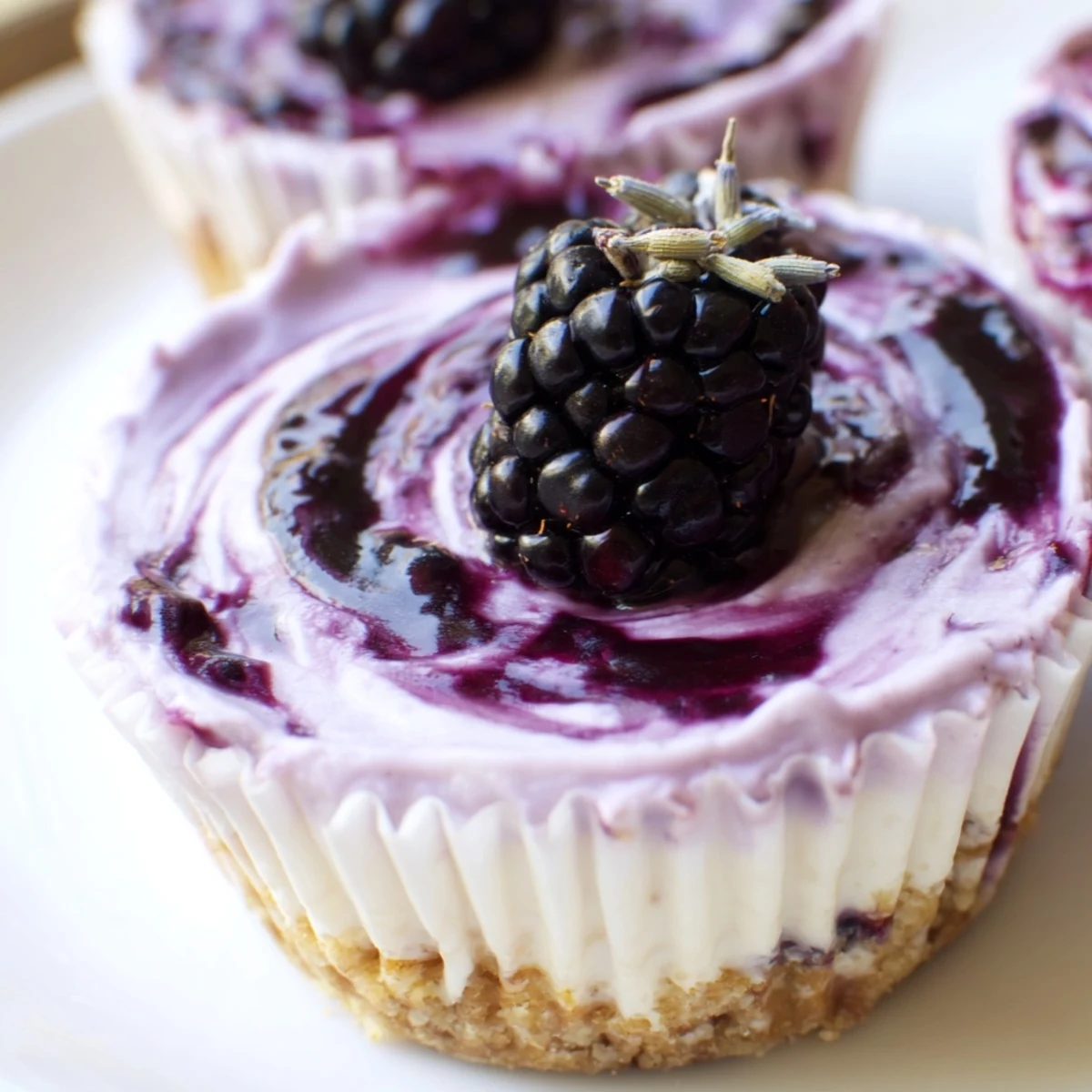 Creamy no bake mini blackberry lavender cheesecakes with a buttery graham cracker crust
