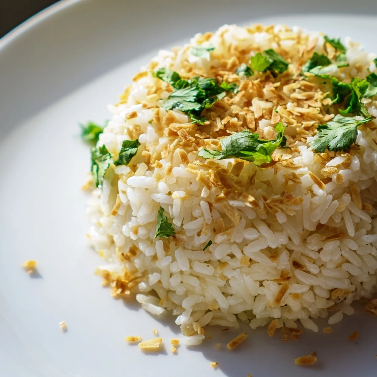 Fragrant coconut rice topped with chopped cilantro in a white serving dish